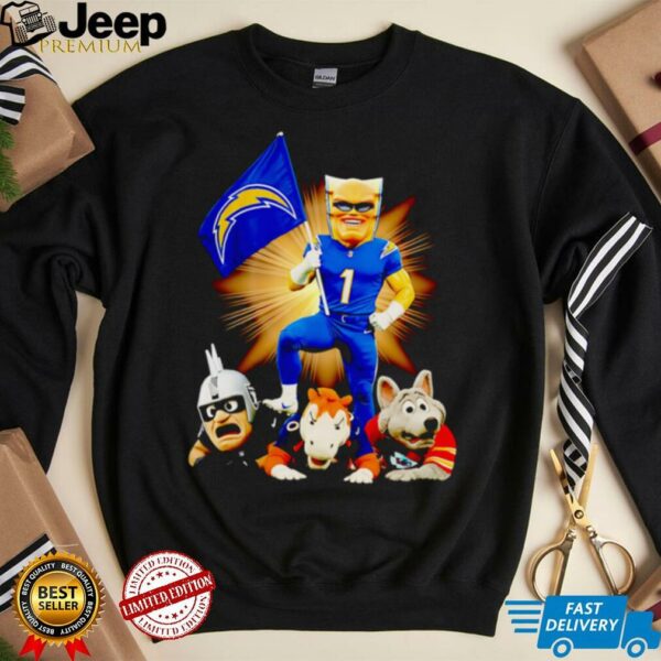 Los Angeles Chargers mascot standing with flag shirt