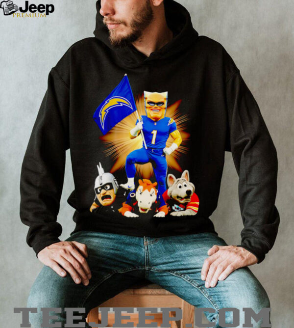Los Angeles Chargers mascot standing with flag shirt