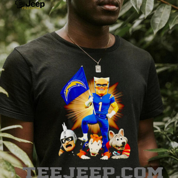 Los Angeles Chargers mascot standing with flag shirt