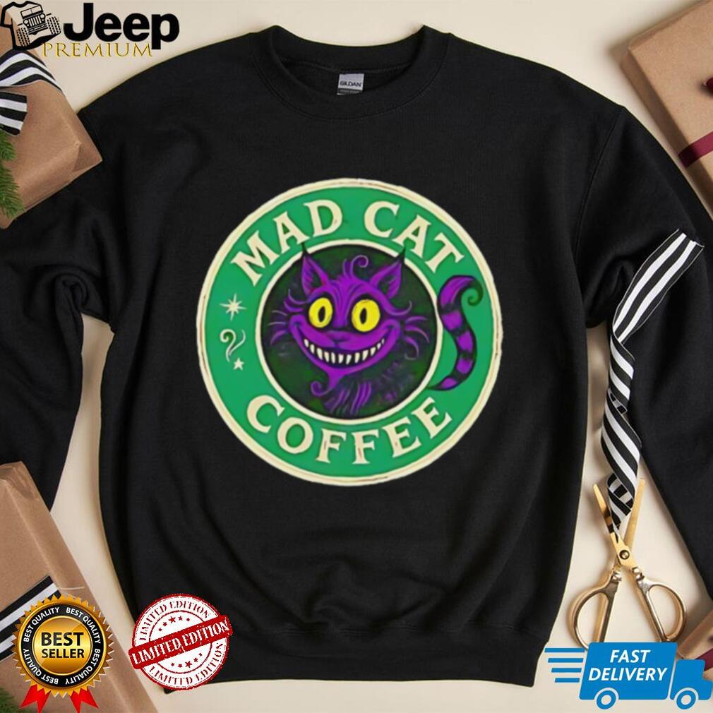 Mad cat coffee shirt design with a cartoon cat and coffee elements
