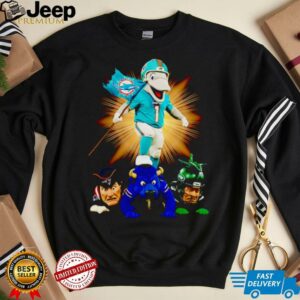 Miami Dolphins mascot standing with flag shirt