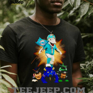 Miami Dolphins mascot standing with flag shirt