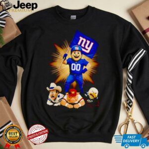 New York Giants mascot standing with flag shirt