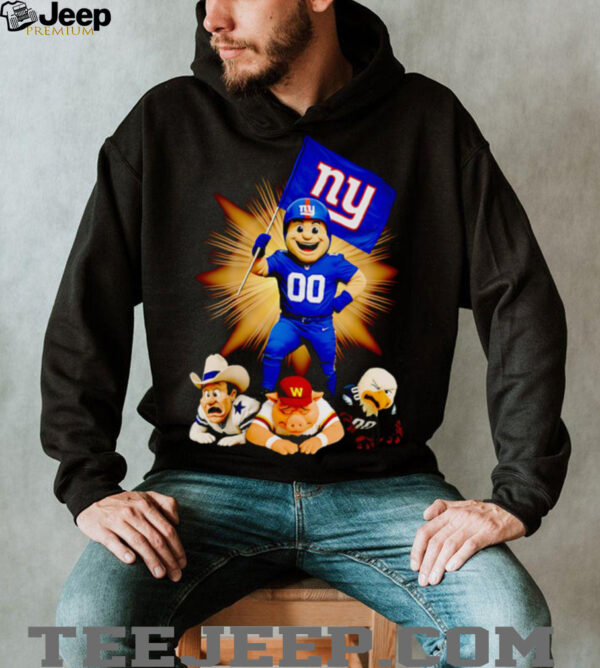 New York Giants mascot standing with flag shirt