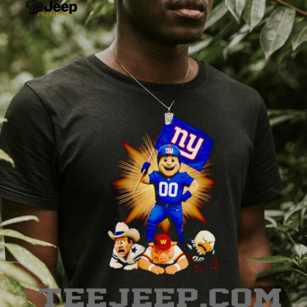 New York Giants mascot standing with flag shirt