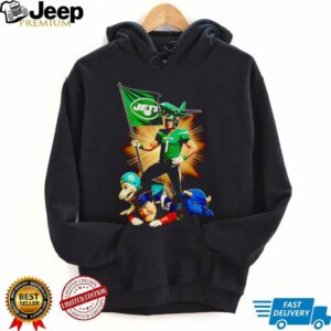 New York Jets mascot standing with flag shirt