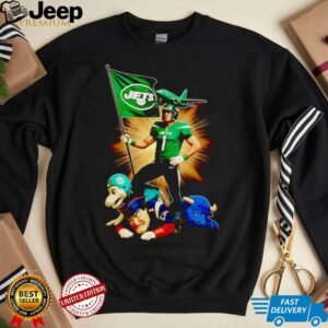 New York Jets mascot standing with flag shirt