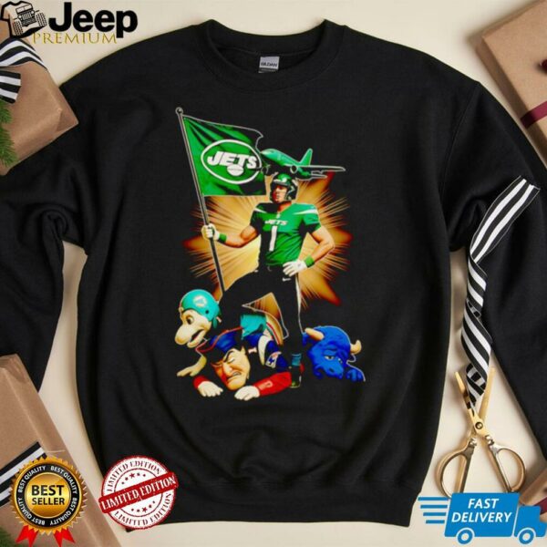New York Jets mascot standing with flag shirt
