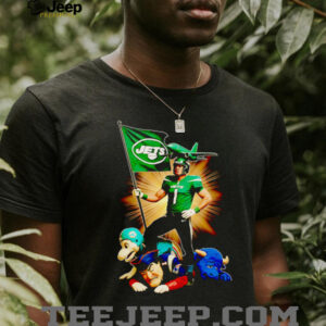 New York Jets mascot standing with flag shirt