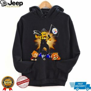 Pittsburgh Steelers mascot standing with flag shirt