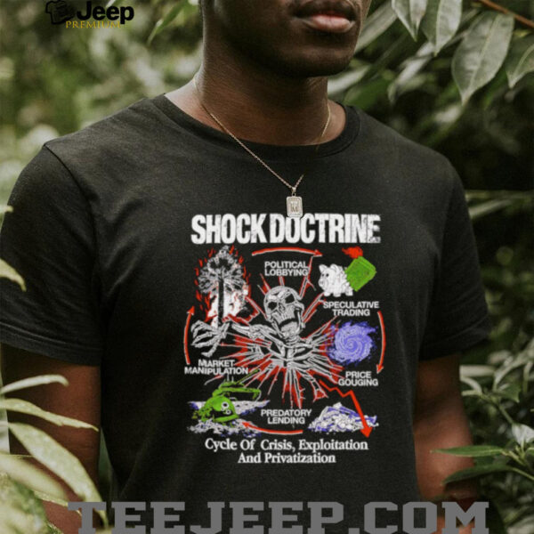 Shock Doctrine cycle of crisis exploitation and privatization skeleton shirt