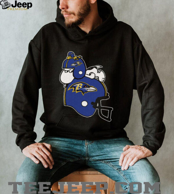 Snoopy And Woodstock Resting On Baltimore Ravens Helmet Shirt