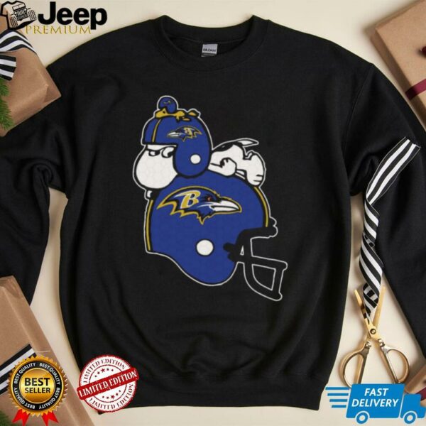 Snoopy And Woodstock Resting On Baltimore Ravens Helmet Shirt