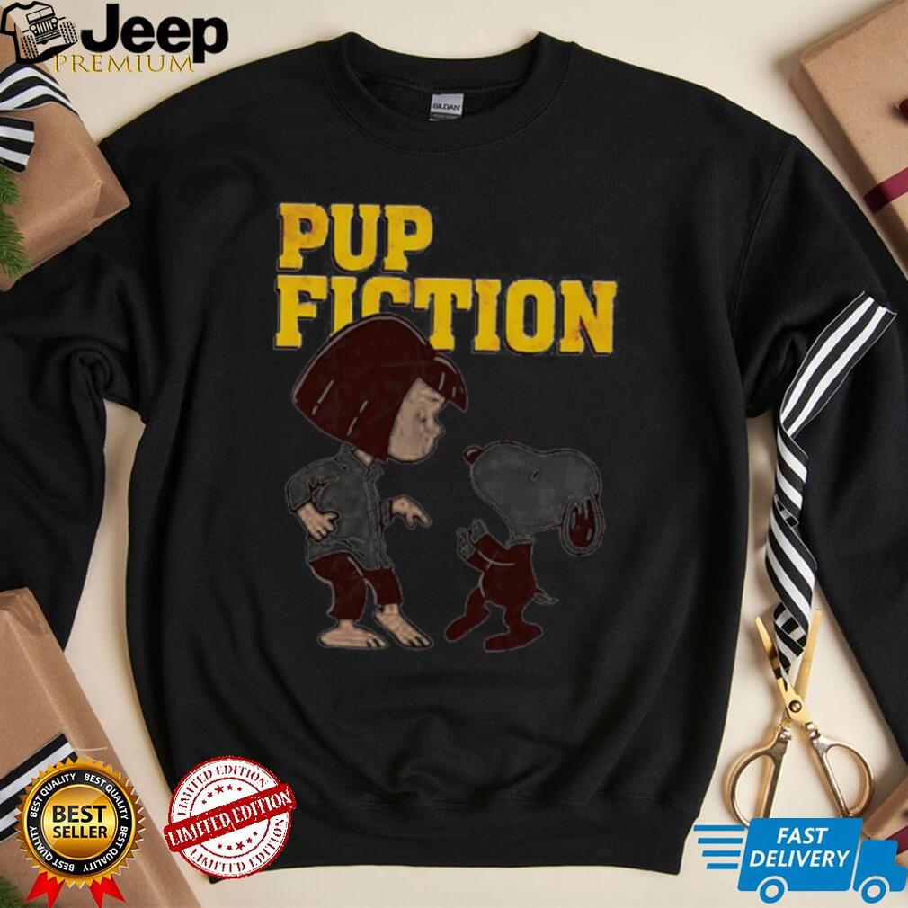 Snoopy Pup Fiction shirt design, showing Snoopy in a Pulp Fiction parody pose