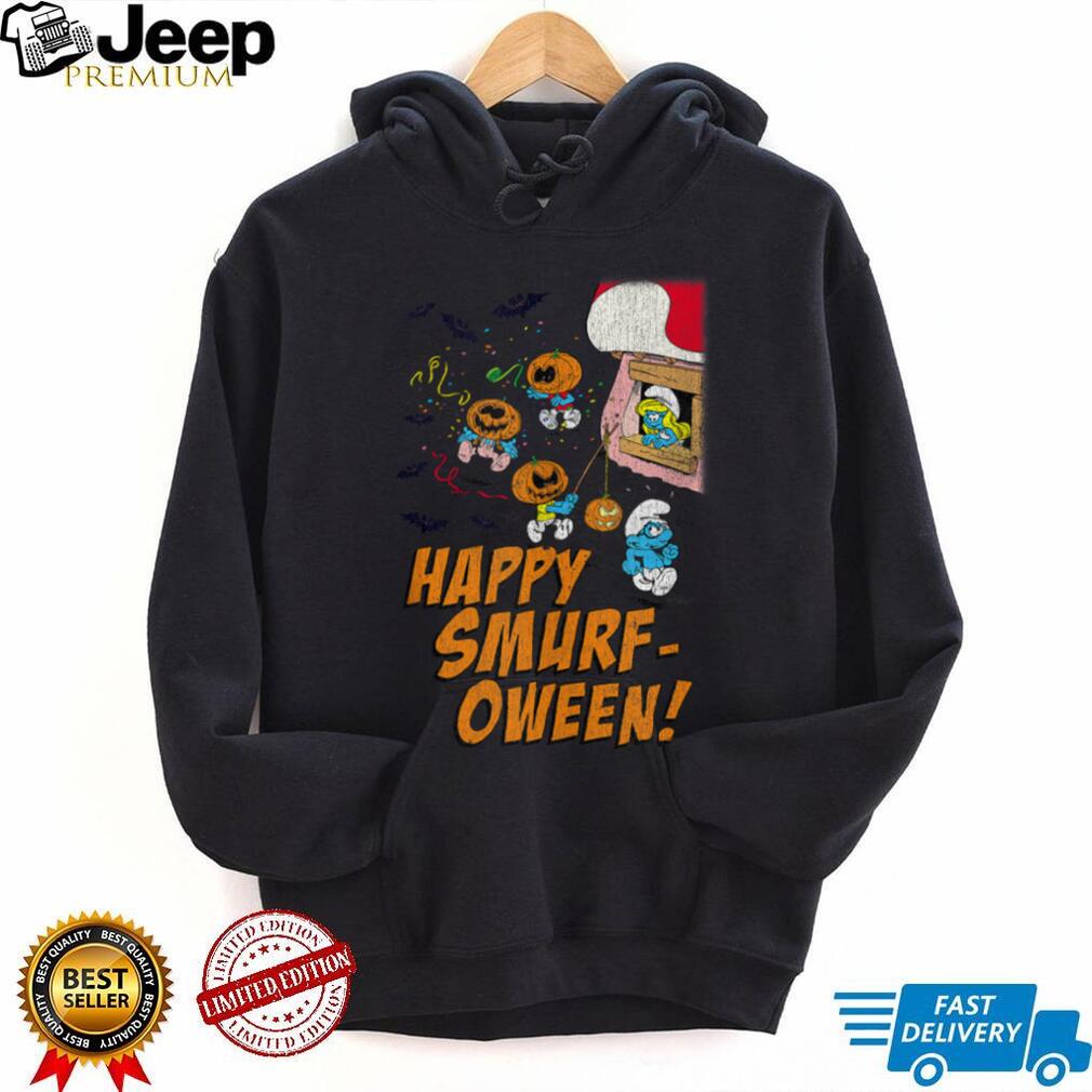 The Smurfs Happy Smurf-oween Halloween Pumpkin Retro Cartoon Shirt featuring Smurfs with pumpkins
