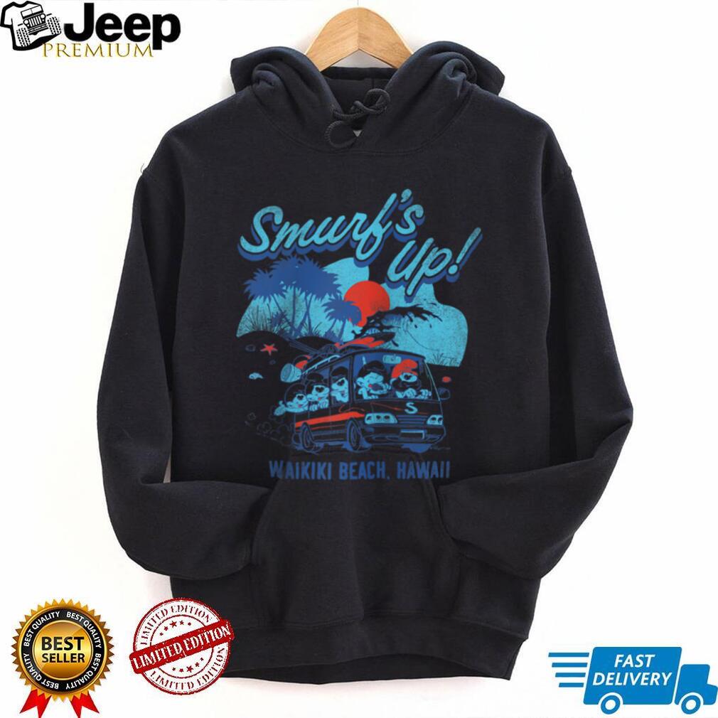 The Smurfs Smurf’s Up Retro Waikiki Beach Van Travel Cartoon Raglan Shirt with Smurfs in a van