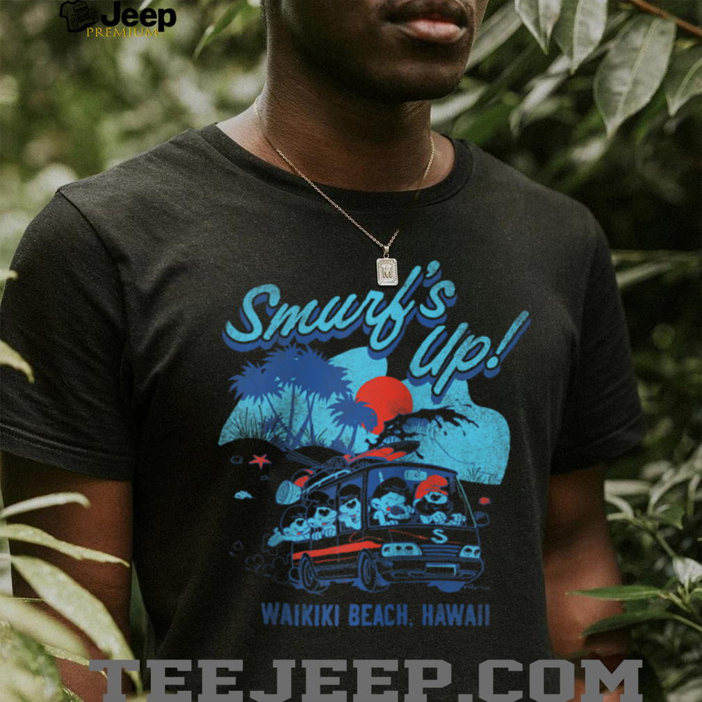 Person wearing The Smurfs Smurf’s Up Retro Waikiki Beach Van Travel Cartoon Raglan Shirt casually