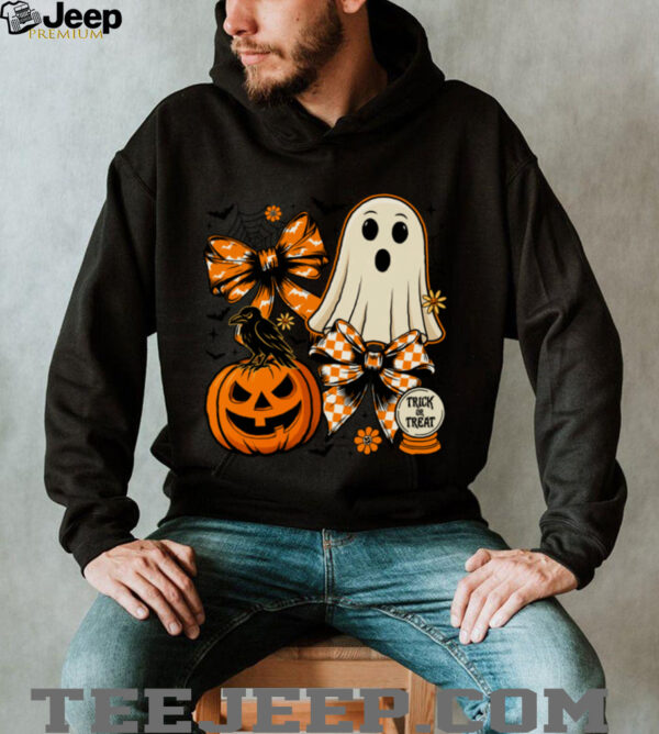 Vintage Cute Coquette Ghost Pumpkin Checkered Bow Halloween Shirt