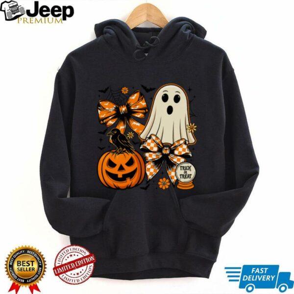 Vintage Cute Coquette Ghost Pumpkin Checkered Bow Halloween Shirt