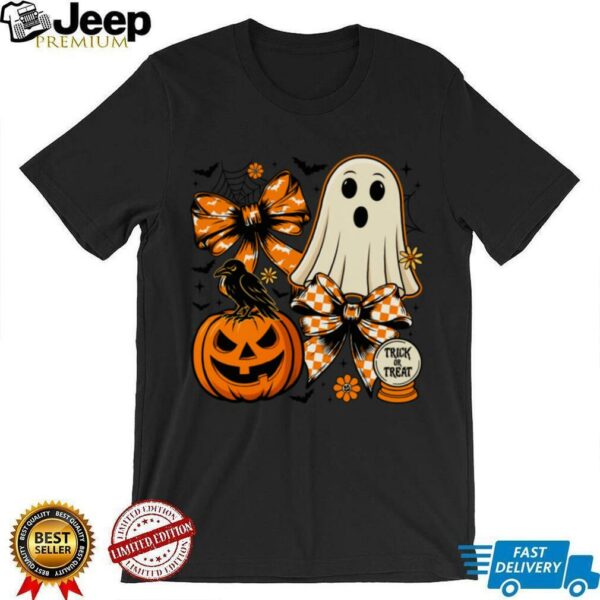 Vintage Cute Coquette Ghost Pumpkin Checkered Bow Halloween Shirt