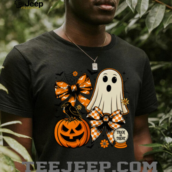 Vintage Cute Coquette Ghost Pumpkin Checkered Bow Halloween Shirt