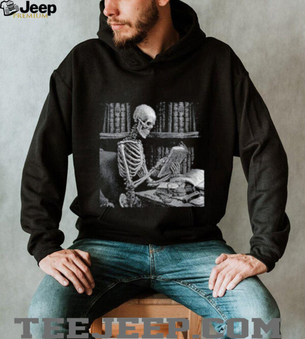 Womens Dark The Reader Skeleton Reading Book Bookworm Bookish V Neck Shirt