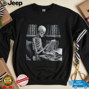 Womens Dark The Reader Skeleton Reading Book Bookworm Bookish V Neck Shirt