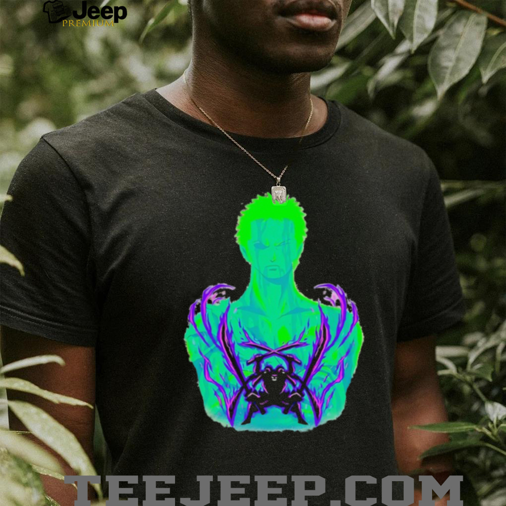 Person wearing the Zoro demon swords shirt, showcasing the design