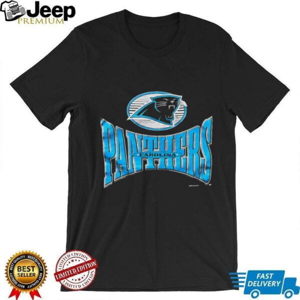 1996 Carolina Panthers Vintage Black Logo 7 Squeeze Spellout Logo NFL Shirt