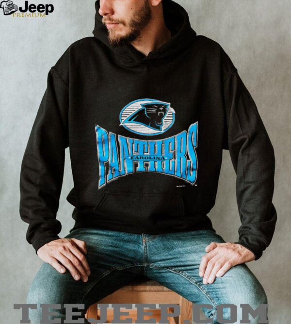 1996 Carolina Panthers Vintage Black Logo 7 Squeeze Spellout Logo NFL Shirt