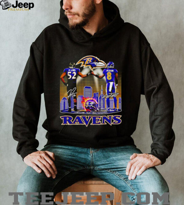 Baltimore Ravens R. Lewis and Jackson signature city skyline shirt