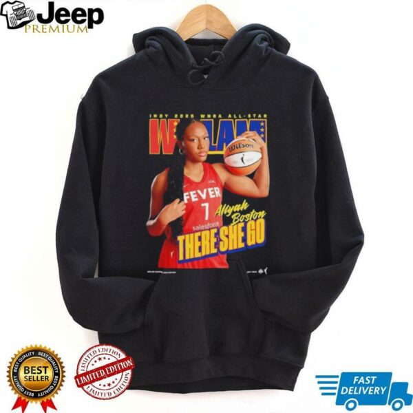 Caitlin Clark wearing Aliyah Boston there she go Indiana Fever WSLAM shirt