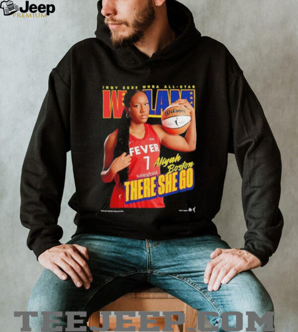 Caitlin Clark wearing Aliyah Boston there she go Indiana Fever WSLAM shirt