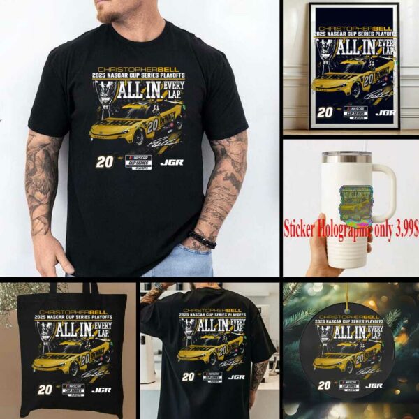 Christopher Bell Checkered Flag Sports Black 2025 NASCAR Cup Series Playoffs DeWalt All In T Shirt