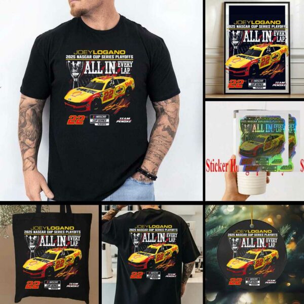 Joey Logano Checkered Flag Sports Black 2025 NASCAR Cup Series Playoffs Shell Pennzoil All In T Shirt