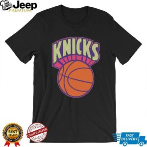 New York Knicks Mitchell & Ness Light Blue Hardwood Classics Arctic Sunset Neon Retro Logo T Shirt