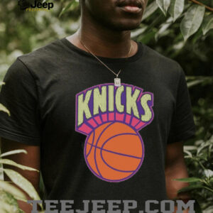 New York Knicks Mitchell & Ness Light Blue Hardwood Classics Arctic Sunset Neon Retro Logo T Shirt