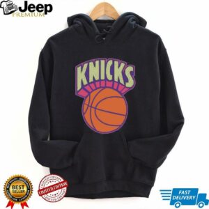 New York Knicks Mitchell & Ness Light Blue Hardwood Classics Arctic Sunset Neon Retro Logo T Shirt