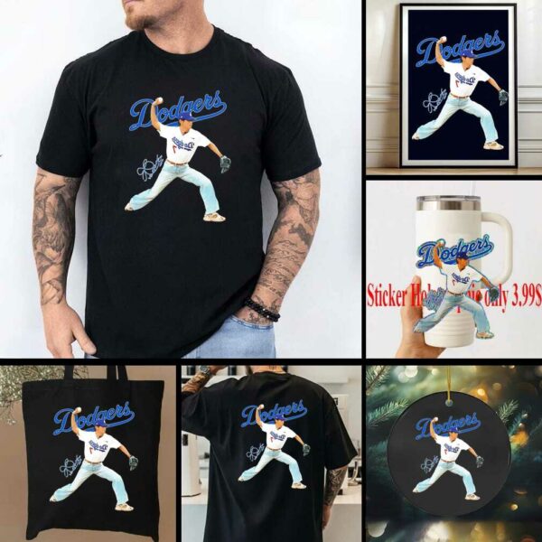 V BTS x Los Angeles Dodgers baseball throwing position signature shirt