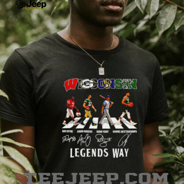 Wisconsin Ron Dayne Aaron Rodgers Robin Yount Giannis Antetokounmpo legends way abbey road signatures shirt
