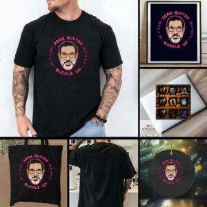 Adam Buxton big face Buckle Up cartoon shirt