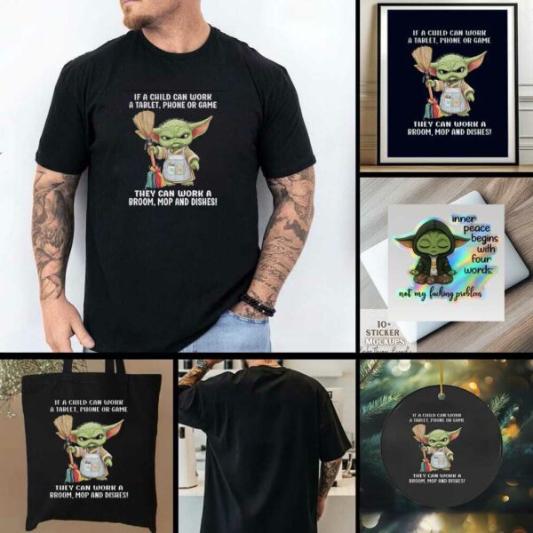 Baby Yoda if a child can work a tablet phone or game they can work a broom mop and dishes t shirt