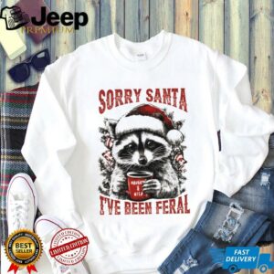 Funny raccoon wearing Santa hat sorry santa I’ve been feral...