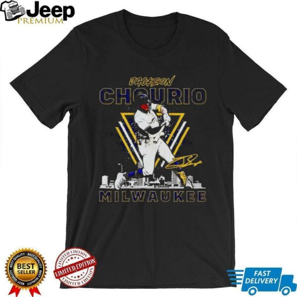 Jackson Chourio Milwaukee skyline swing signature shirt