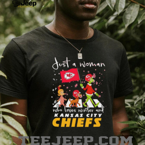 Just a woman who loves winter and Kansas City Chiefs vs Dr Seuss characters Abbey Road shirt