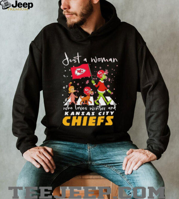 Just a woman who loves winter and Kansas City Chiefs vs Dr Seuss characters Abbey Road shirt