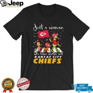 Just a woman who loves winter and Kansas City Chiefs vs Dr Seuss characters Abbey Road shirt