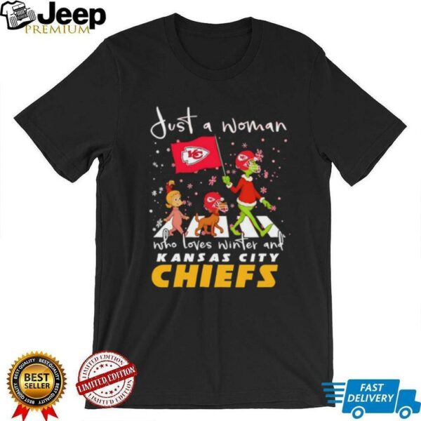 Just a woman who loves winter and Kansas City Chiefs vs Dr Seuss characters Abbey Road shirt