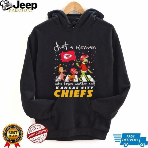 Just a woman who loves winter and Kansas City Chiefs vs Dr Seuss characters Abbey Road shirt