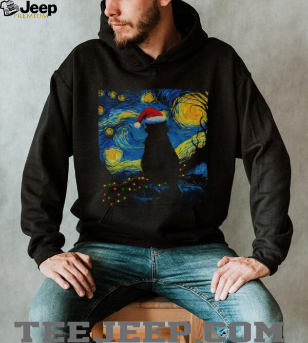 Official Black cat Santa hat Starry Night 2025 t shirt